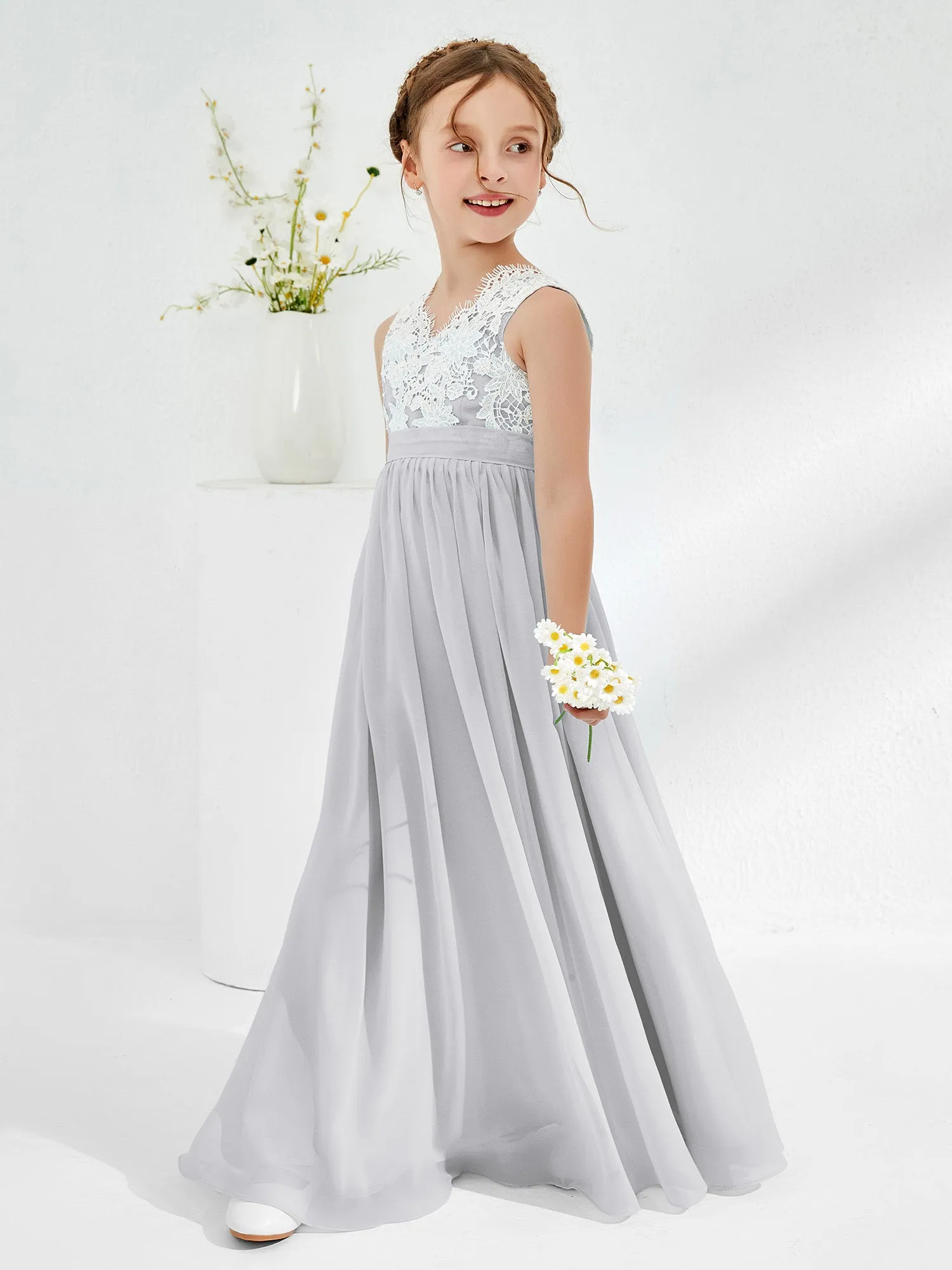 Lace Top Junior Bridesmaid Dresses Silver