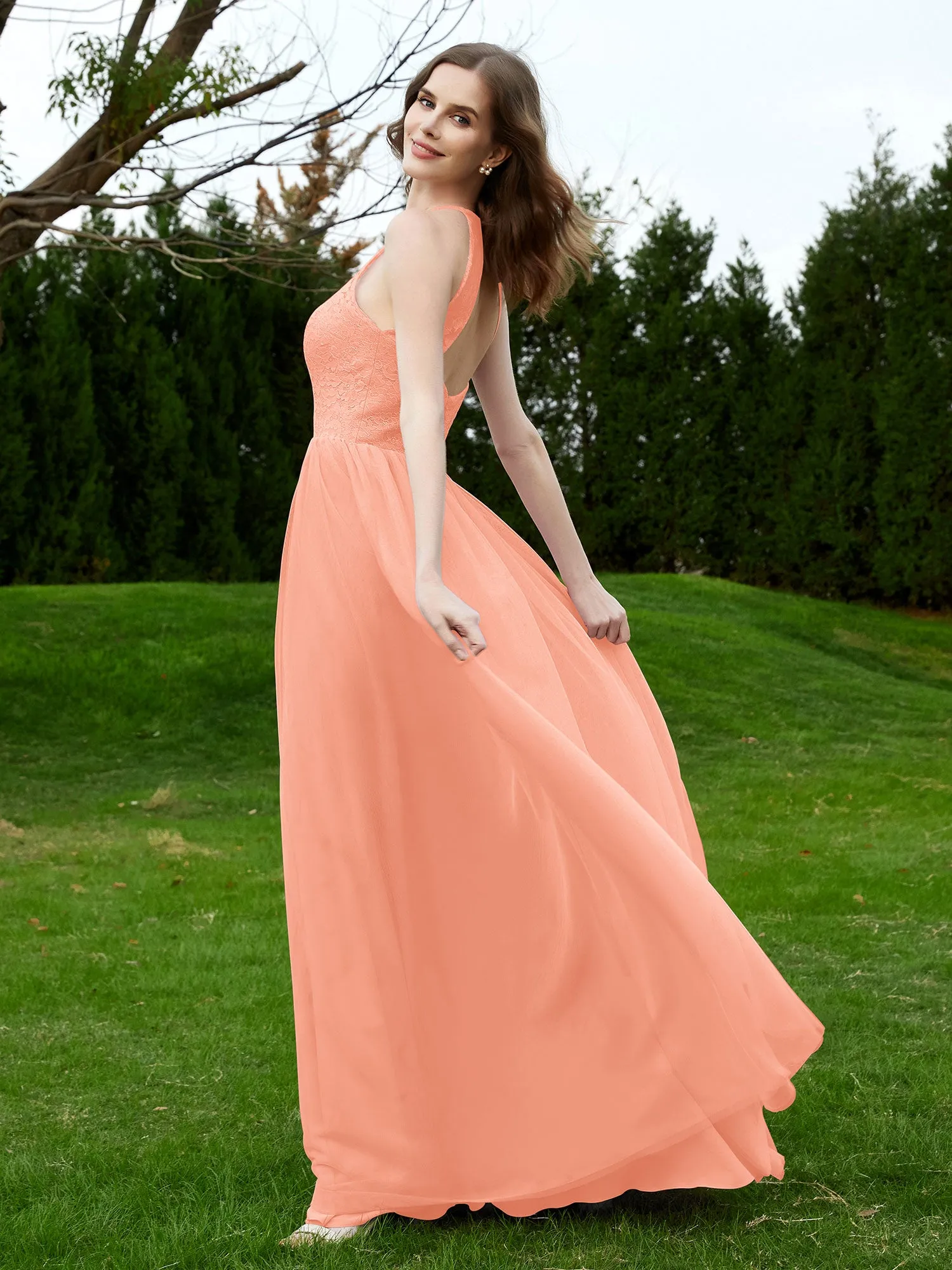 Lace Tulle Bridesmaid Gown Halter Neckline Coral