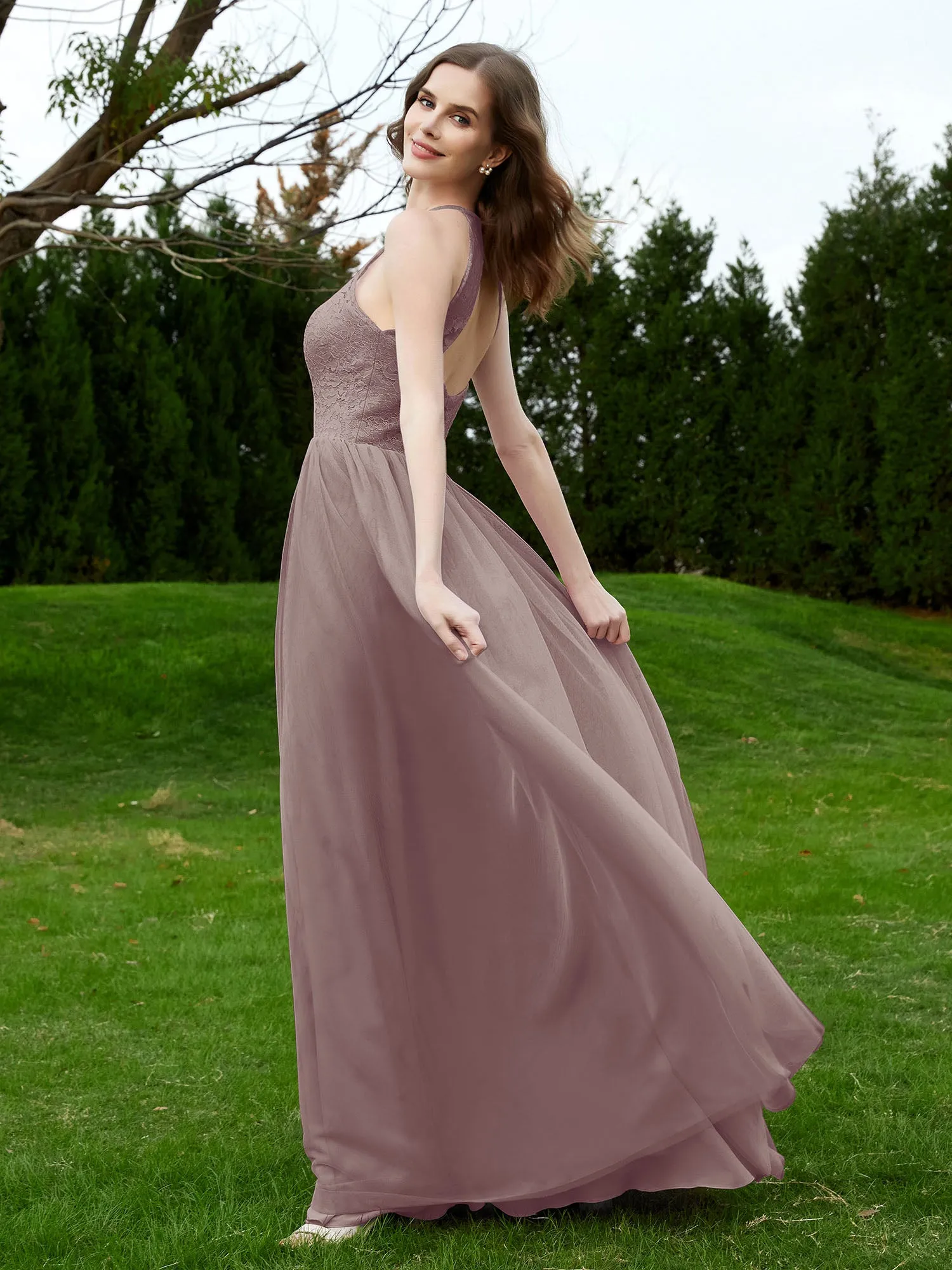Lace Tulle Bridesmaid Gown Halter Neckline Dusk