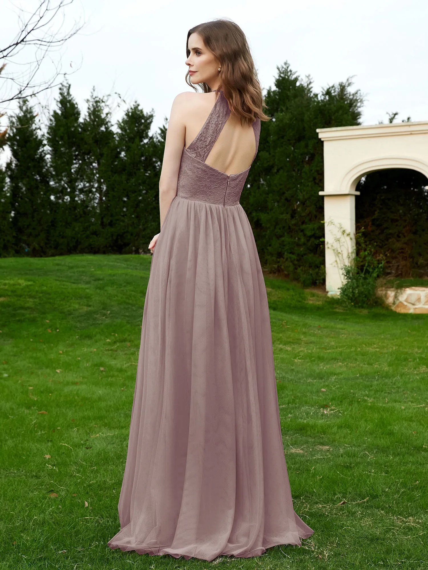 Lace Tulle Bridesmaid Gown Halter Neckline Dusk