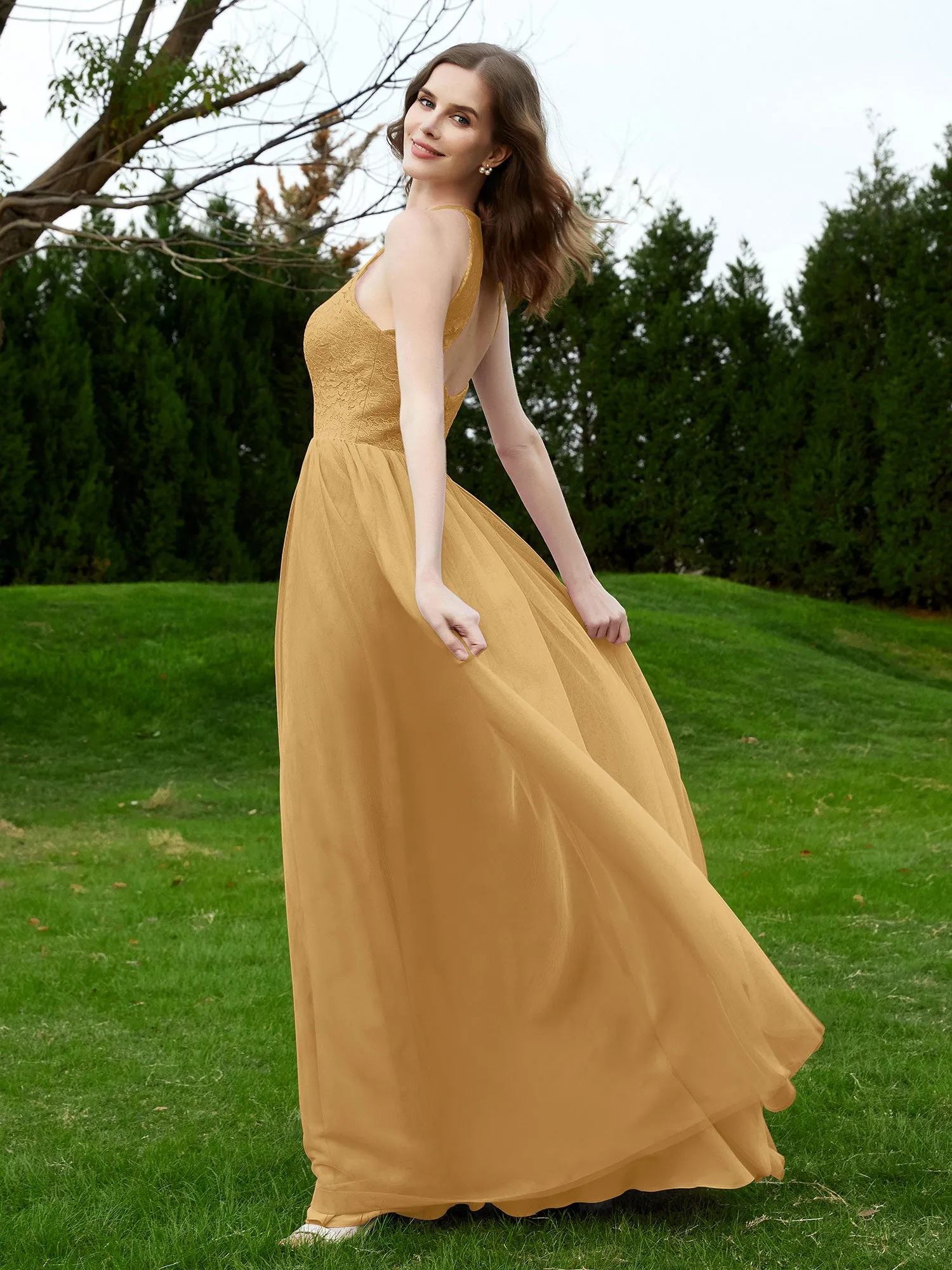 Lace Tulle Bridesmaid Gown Halter Neckline Gold