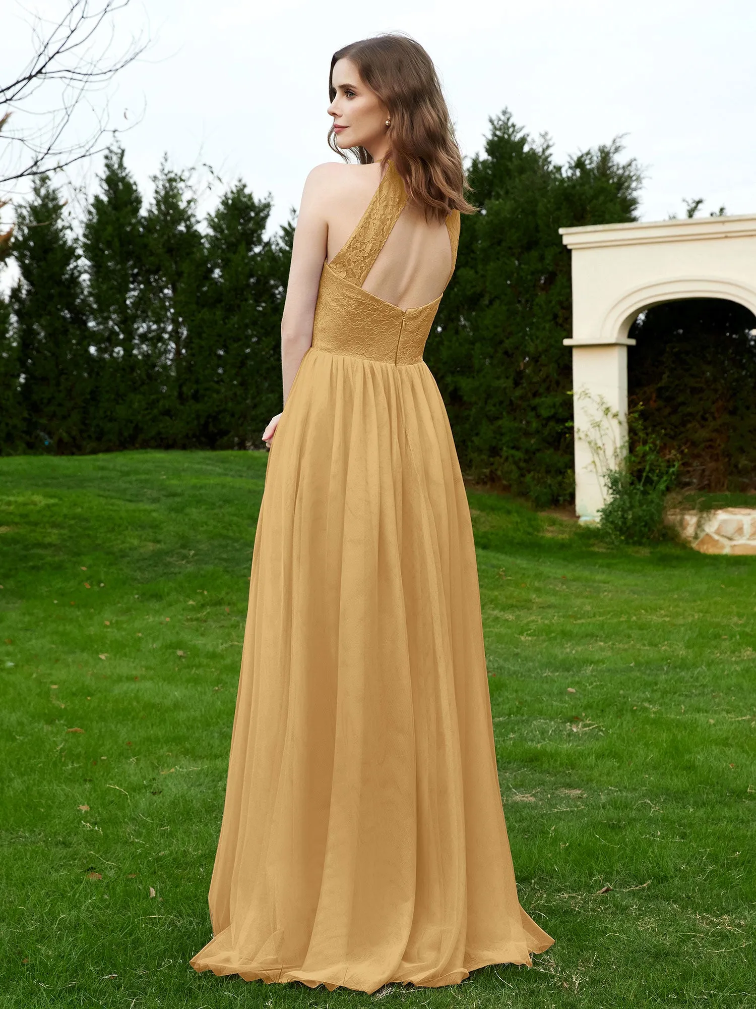 Lace Tulle Bridesmaid Gown Halter Neckline Gold
