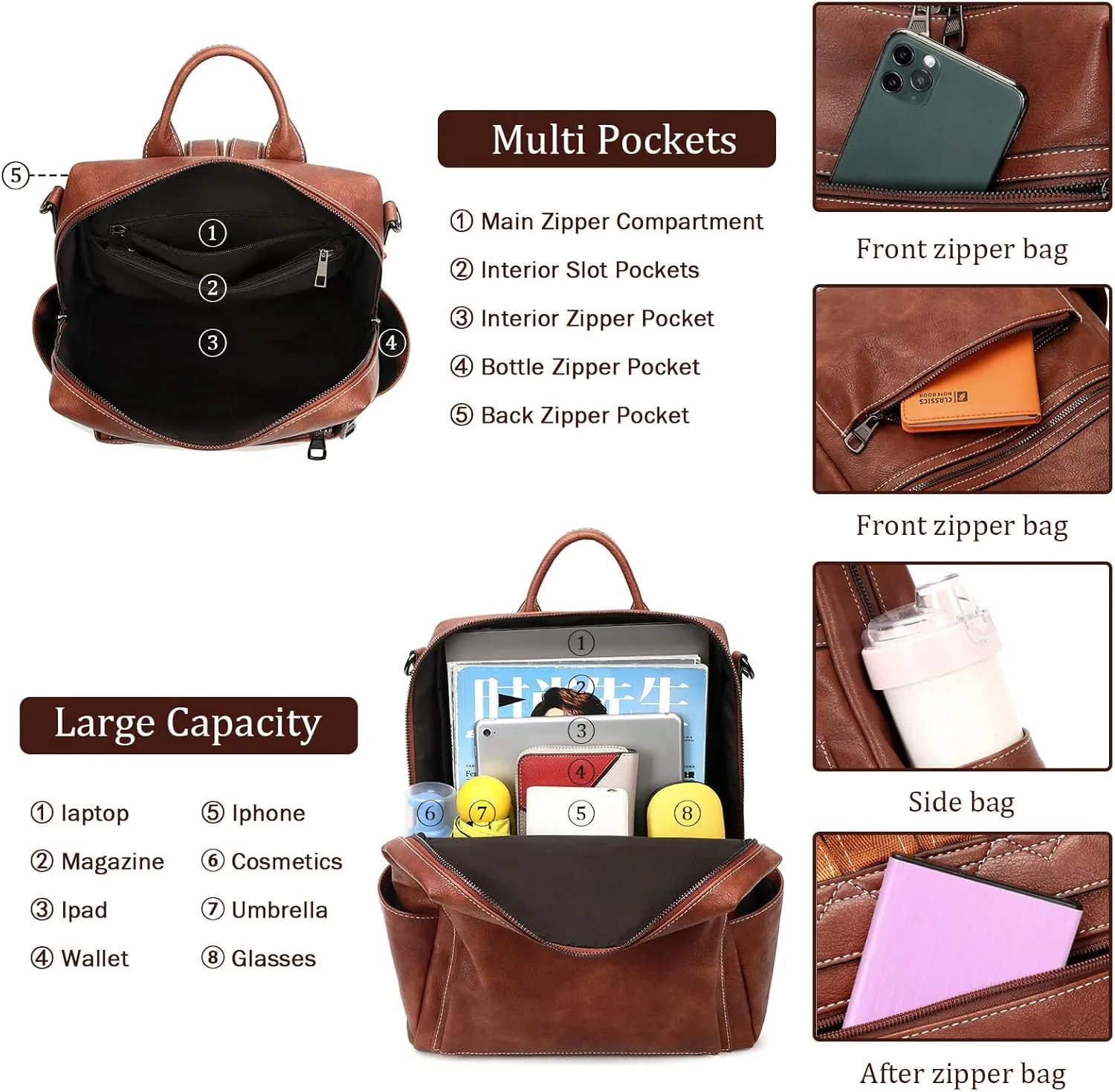 Leather Backpack Purse for Women Designer Ladies Shoulder Bag Fashion Faux Work Travel Handbags