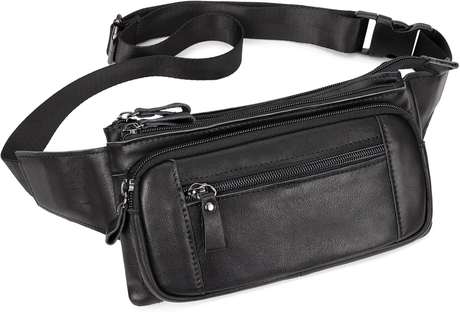 Leather Fanny Pack for Men Women, Belt Bag Fashion Waist Packs Small Crossbody Bag with Adjustable Strap for Travel Sport Walk (Black)