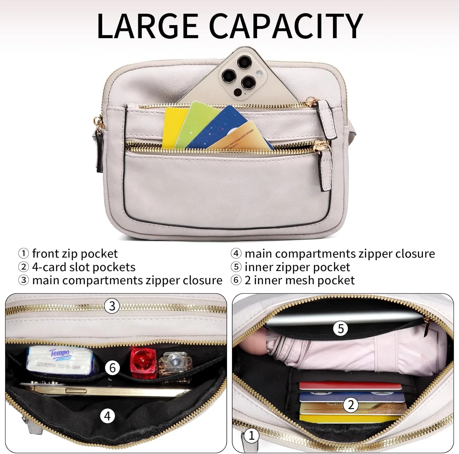 Leather Fanny Pack for Women Men Belt Bag with Multi-function Pocket, Crossbody Fanny Packs for Women Fashion Waist Packs with Adjustable Straps Cross Body Bag Travel Chest Bag