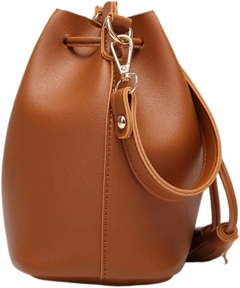 Leather Shoulder Bag Drawstring Bucket Handbag Crossbody Purses for Women Casual Tassel Bag Belt for Travel