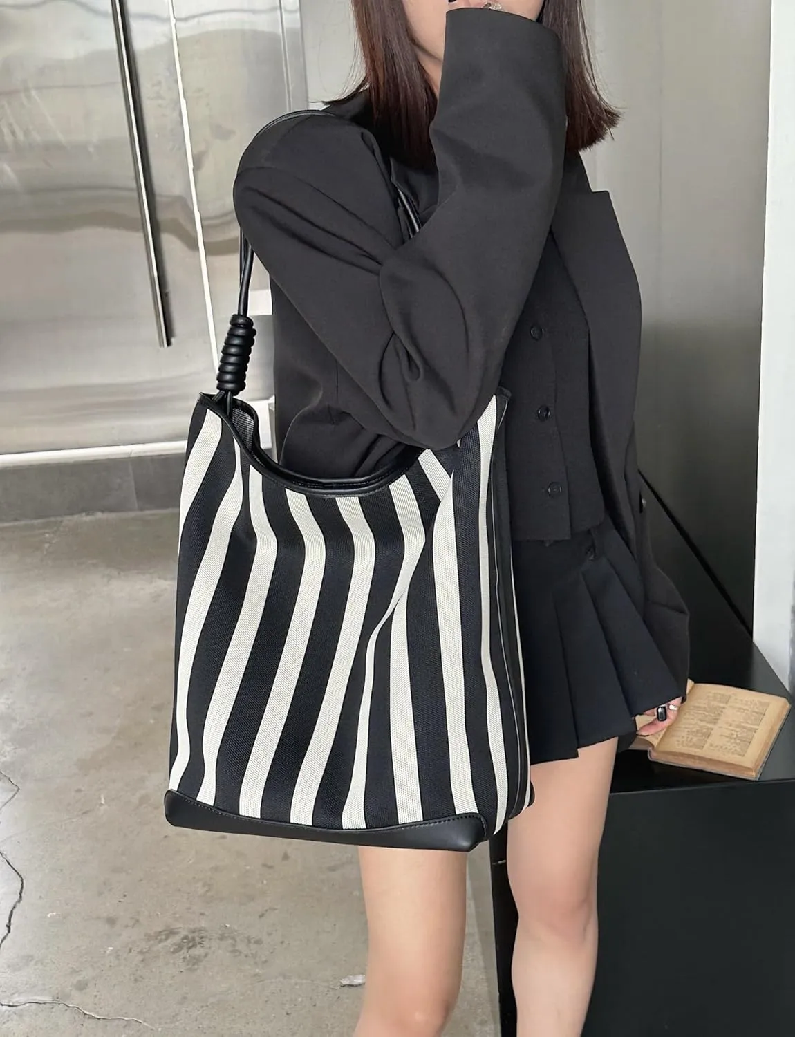 Leather Women's Bag Striped Totes Summer Canvas Cowhide Fashion Large Capacity Shoulder Bucket Bag Vacation Casual