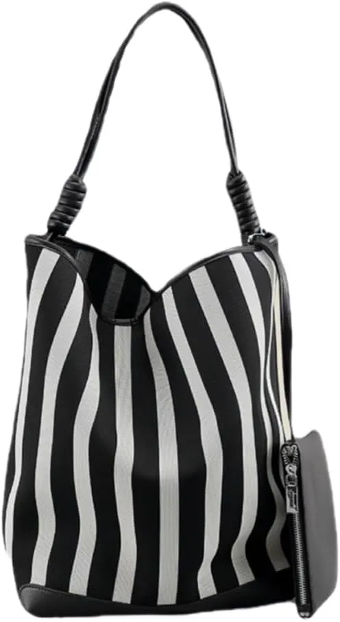 Leather Women's Bag Striped Totes Summer Canvas Cowhide Fashion Large Capacity Shoulder Bucket Bag Vacation Casual