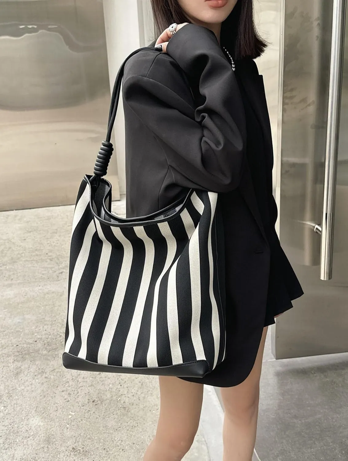 Leather Women's Bag Striped Totes Summer Canvas Cowhide Fashion Large Capacity Shoulder Bucket Bag Vacation Casual