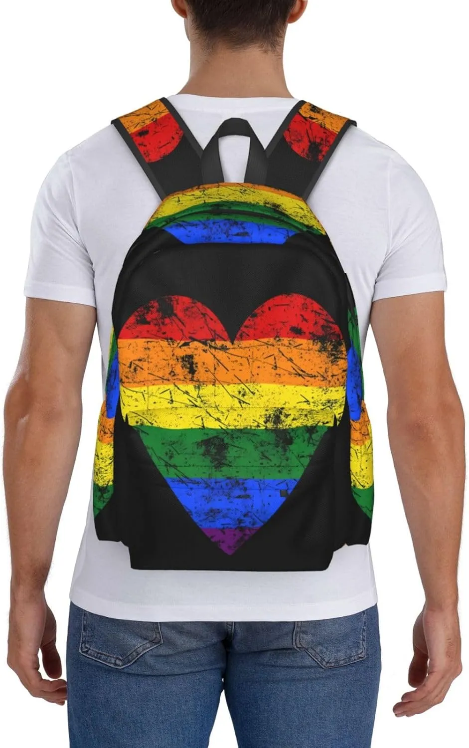 LGBT Rainbow Gay Pride Vintage Heart 17 Inch Casual Backpack Laptop Backpacks Travel Back Pack Large Camping Rucksack Hiking Daypack Lightweight Double Shoulder Bag