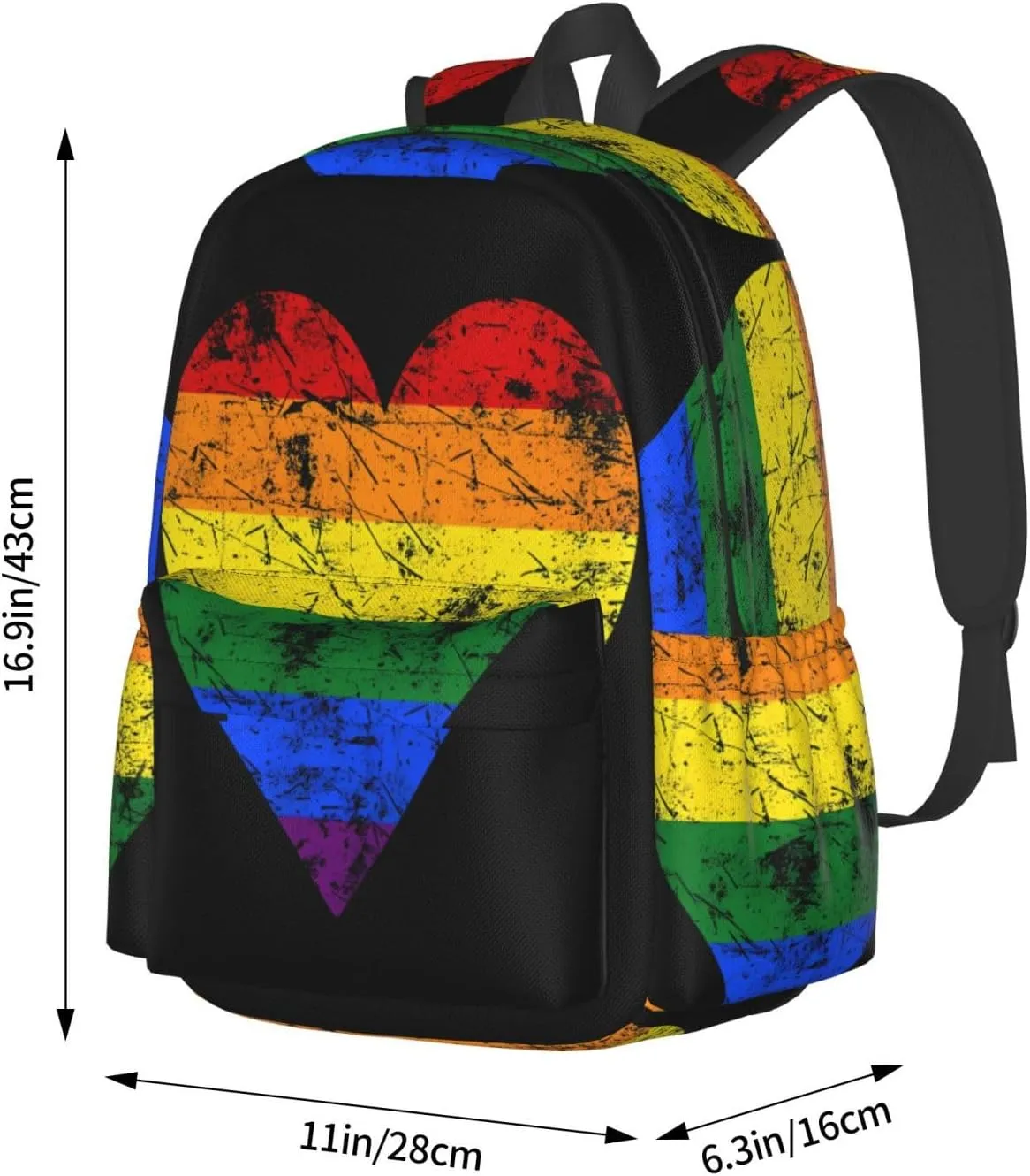 LGBT Rainbow Gay Pride Vintage Heart 17 Inch Casual Backpack Laptop Backpacks Travel Back Pack Large Camping Rucksack Hiking Daypack Lightweight Double Shoulder Bag