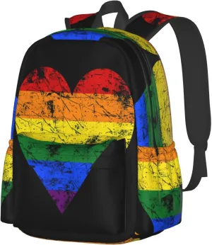 LGBT Rainbow Gay Pride Vintage Heart 17 Inch Casual Backpack Laptop Backpacks Travel Back Pack Large Camping Rucksack Hiking Daypack Lightweight Double Shoulder Bag