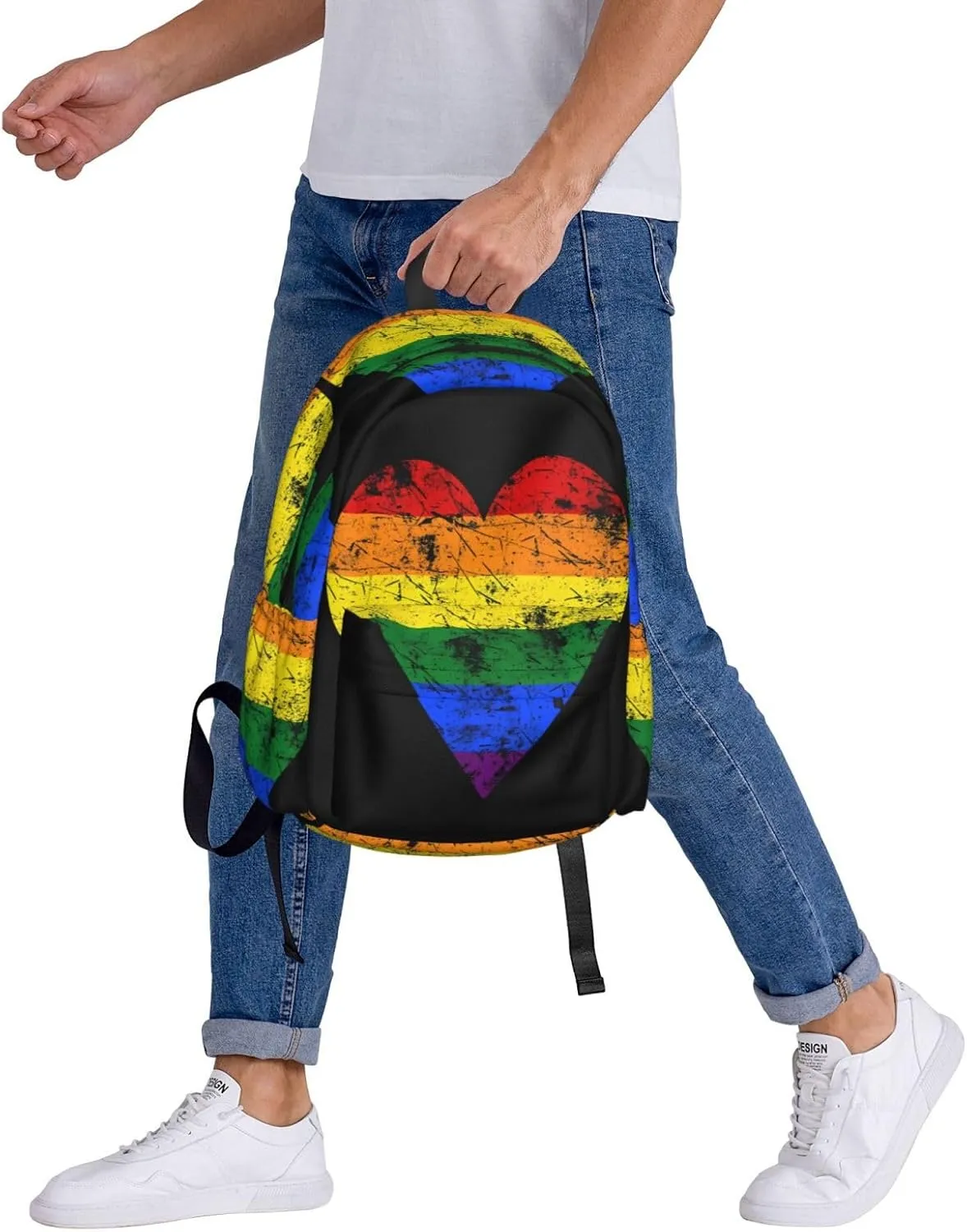 LGBT Rainbow Gay Pride Vintage Heart 17 Inch Casual Backpack Laptop Backpacks Travel Back Pack Large Camping Rucksack Hiking Daypack Lightweight Double Shoulder Bag