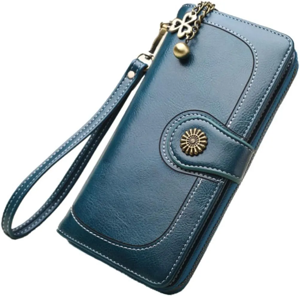 LIFKOME Blue Clutch Purses for Women Large Waxed Leather Wallet Zipper and Card Slots