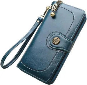 LIFKOME Blue Clutch Purses for Women Large Waxed Leather Wallet Zipper and Card Slots
