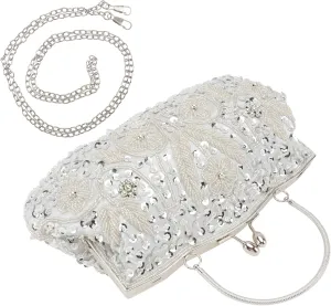 LIFKOME Pearl Foral Evening Handbag Women's Clutch Purse Silver Embellishment for Dinner Party