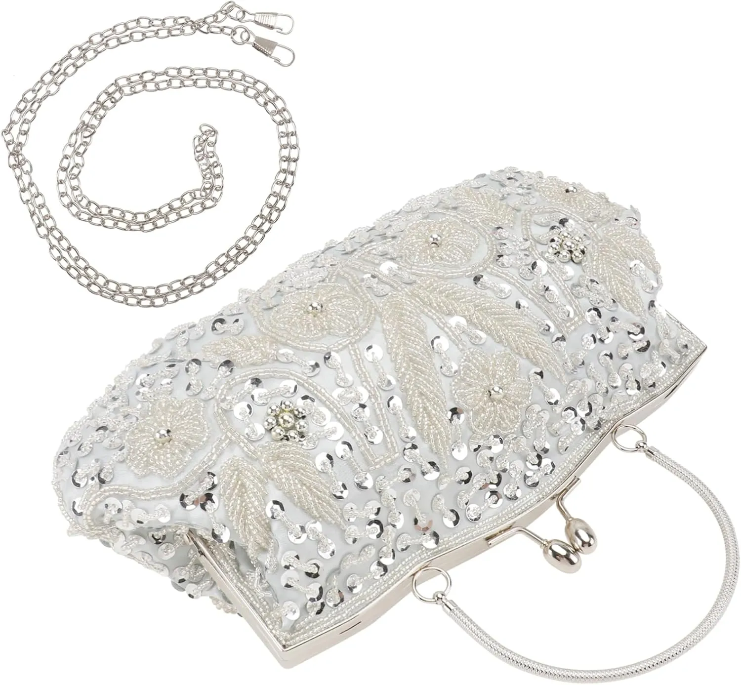 LIFKOME Pearl Foral Evening Handbag Women's Clutch Purse Silver Embellishment for Dinner Party
