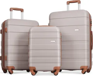 Lightweight and Durable 3-Piece Hardshell Luggage Set with Spinner Wheels, 20'', 24'', and 28'', Light Brown