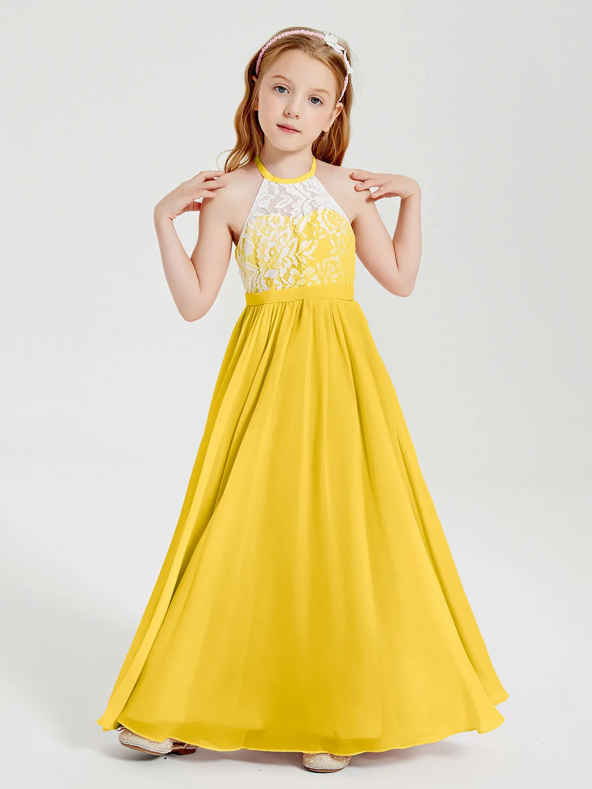Long Chiffon Bridesmaid Dresses Lace Top Marigold