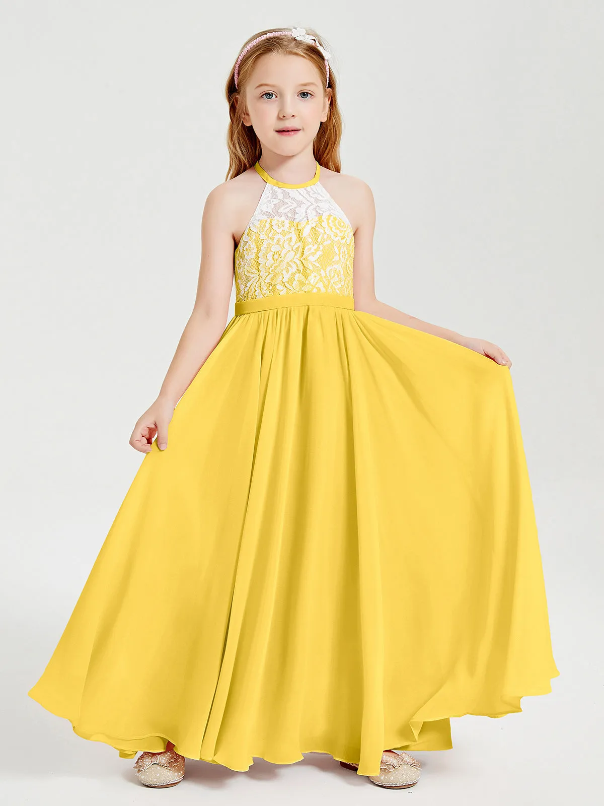 Long Chiffon Bridesmaid Dresses Lace Top Marigold