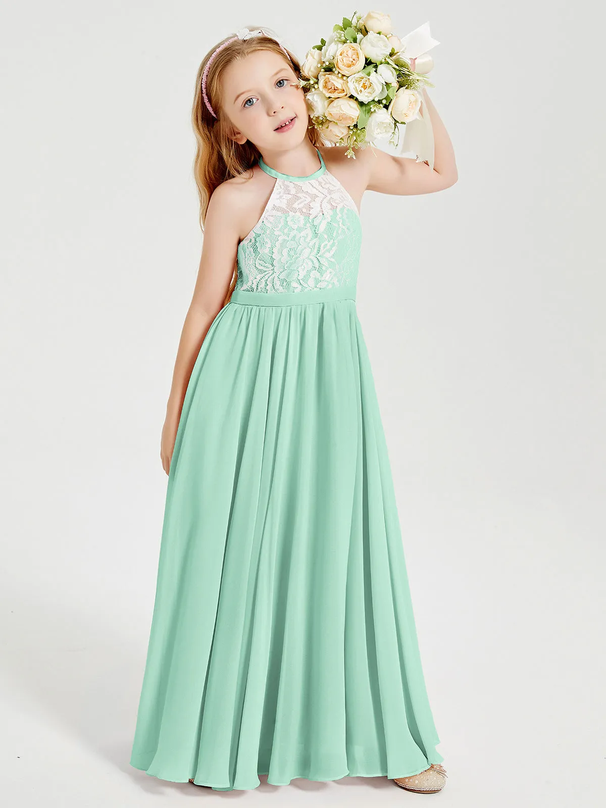 Long Chiffon Bridesmaid Dresses Lace Top Mint Green