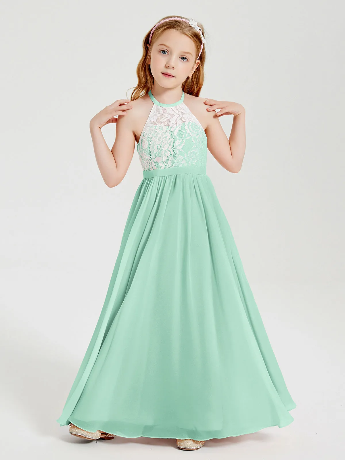 Long Chiffon Bridesmaid Dresses Lace Top Mint Green