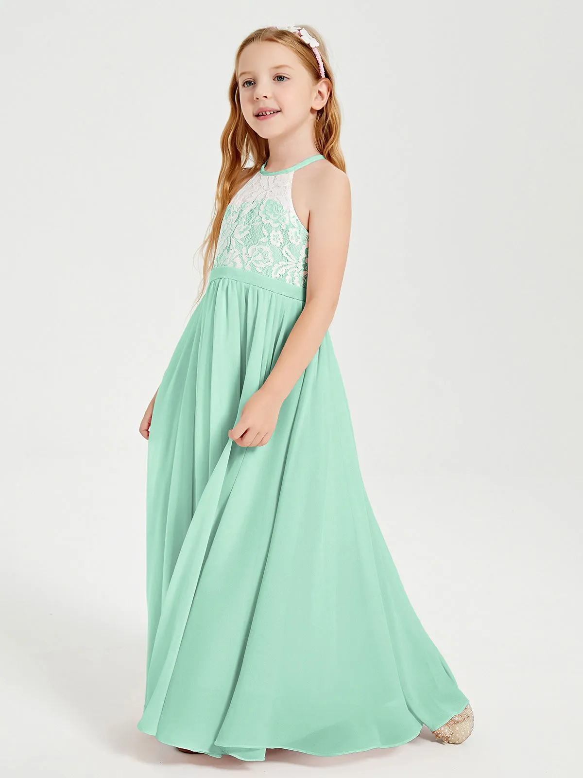 Long Chiffon Bridesmaid Dresses Lace Top Mint Green