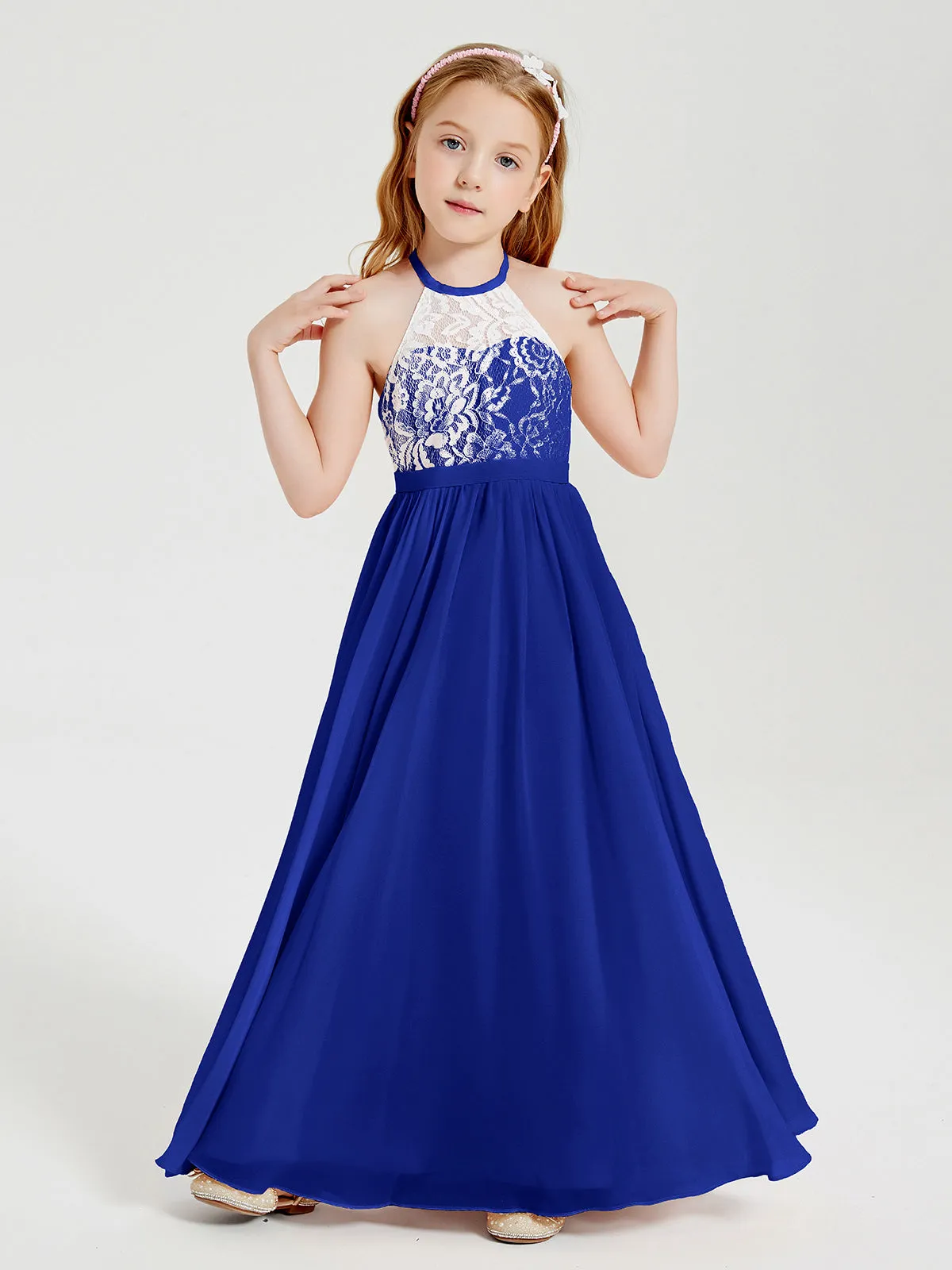 Long Chiffon Bridesmaid Dresses Lace Top Royal Blue