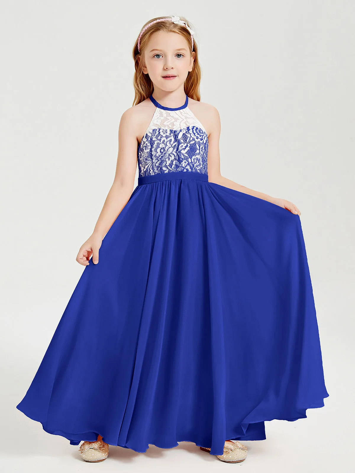 Long Chiffon Bridesmaid Dresses Lace Top Royal Blue