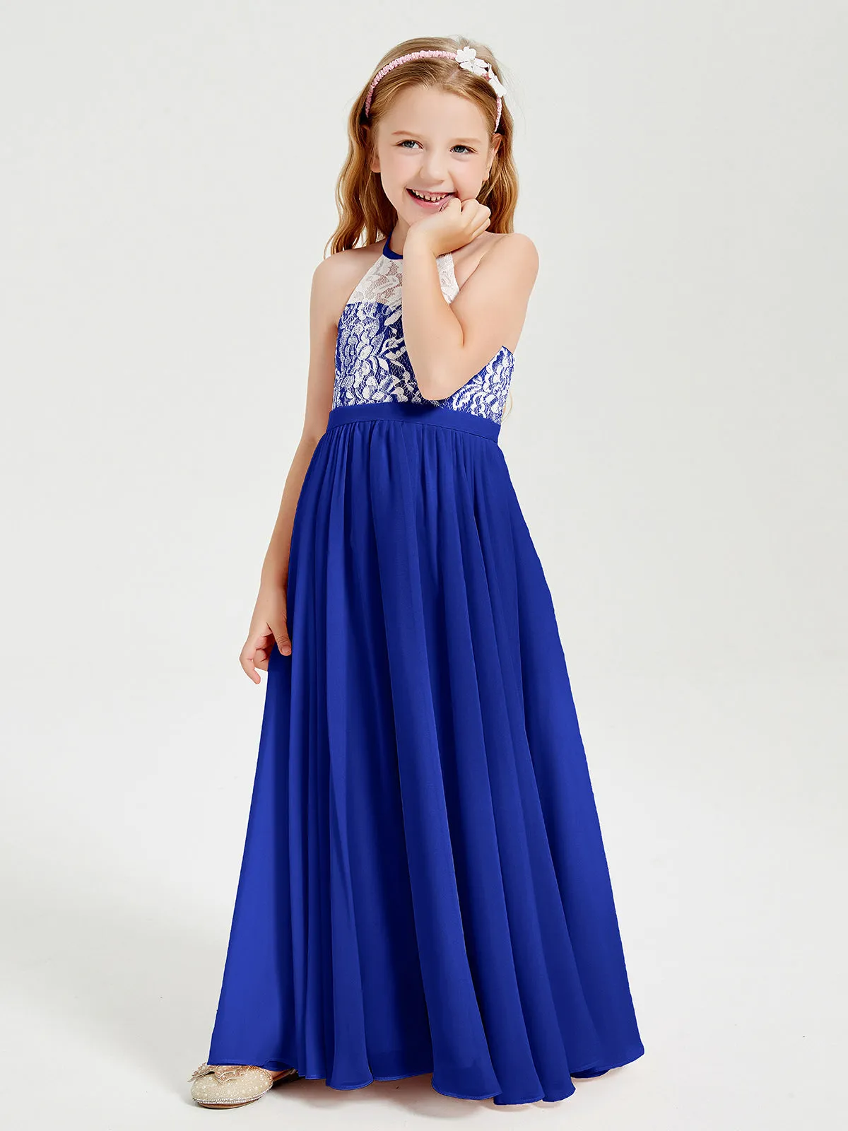 Long Chiffon Bridesmaid Dresses Lace Top Royal Blue