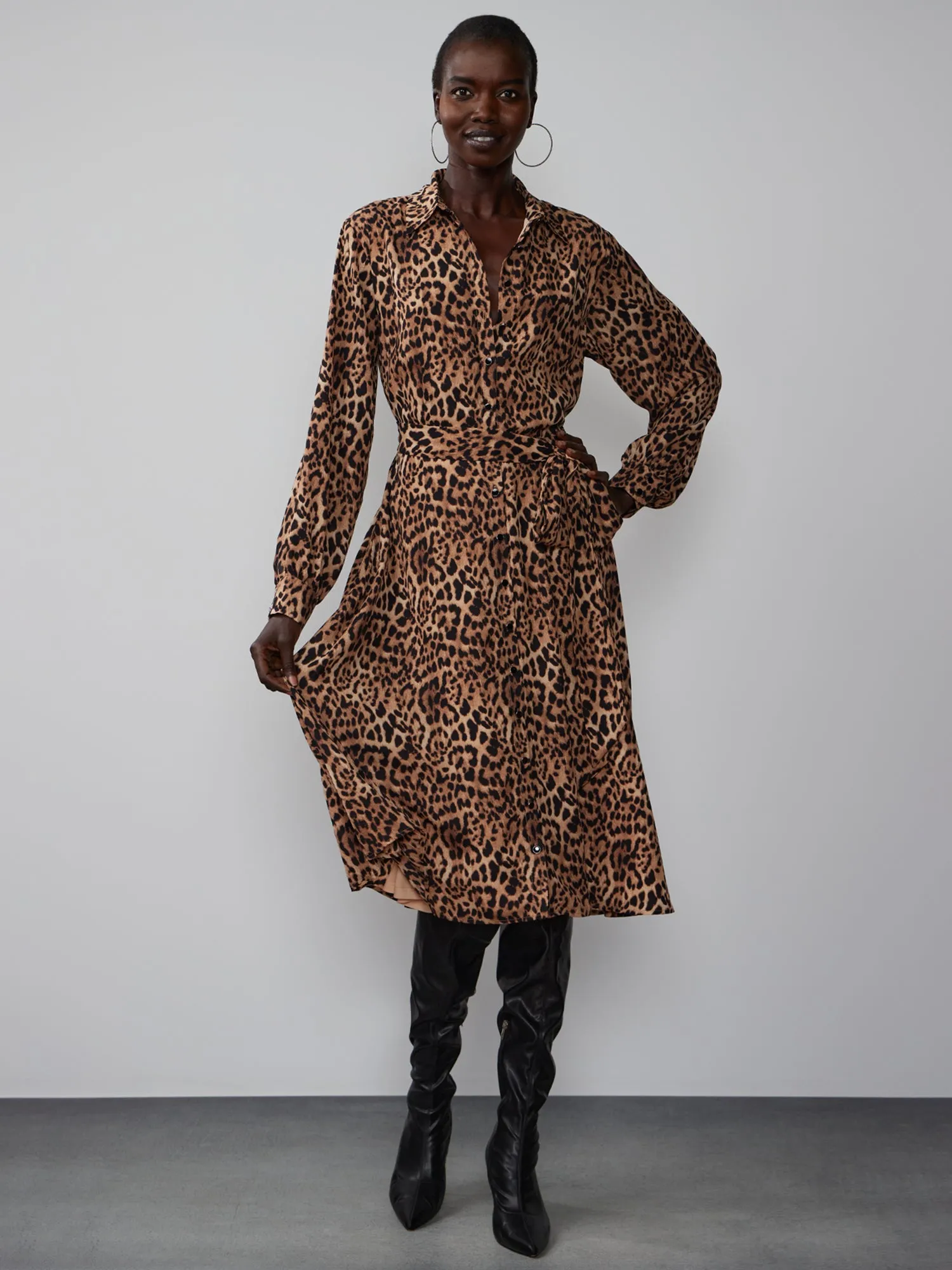 Long Sleeve Leopard Print Shirt Dress