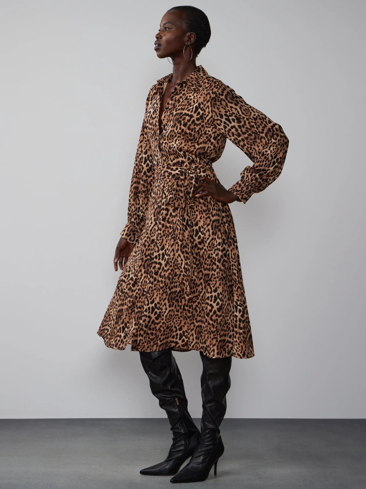 Long Sleeve Leopard Print Shirt Dress