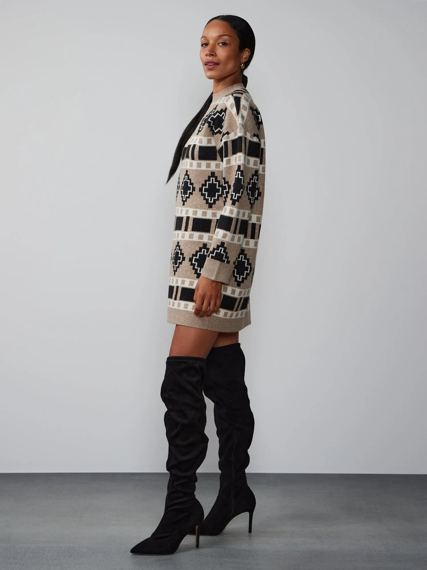 Long Sleeve Mock Neck Fair Isle Sweater Dress