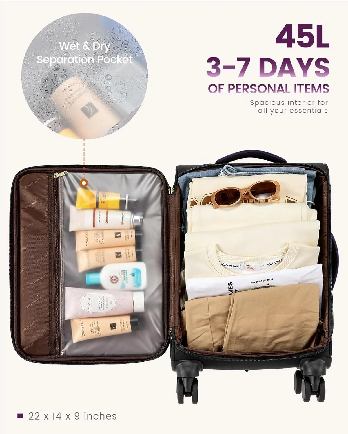 LOVEVOOK 5 Pcs Carry On Luggage 22x14x9 Airline Approved with 40L Laptop Travel Backpack, 20 Inch Carry On Suitcases with Wheels, Rolling Suitcase for Women Men, with TSA Lock Weekender Luggage
