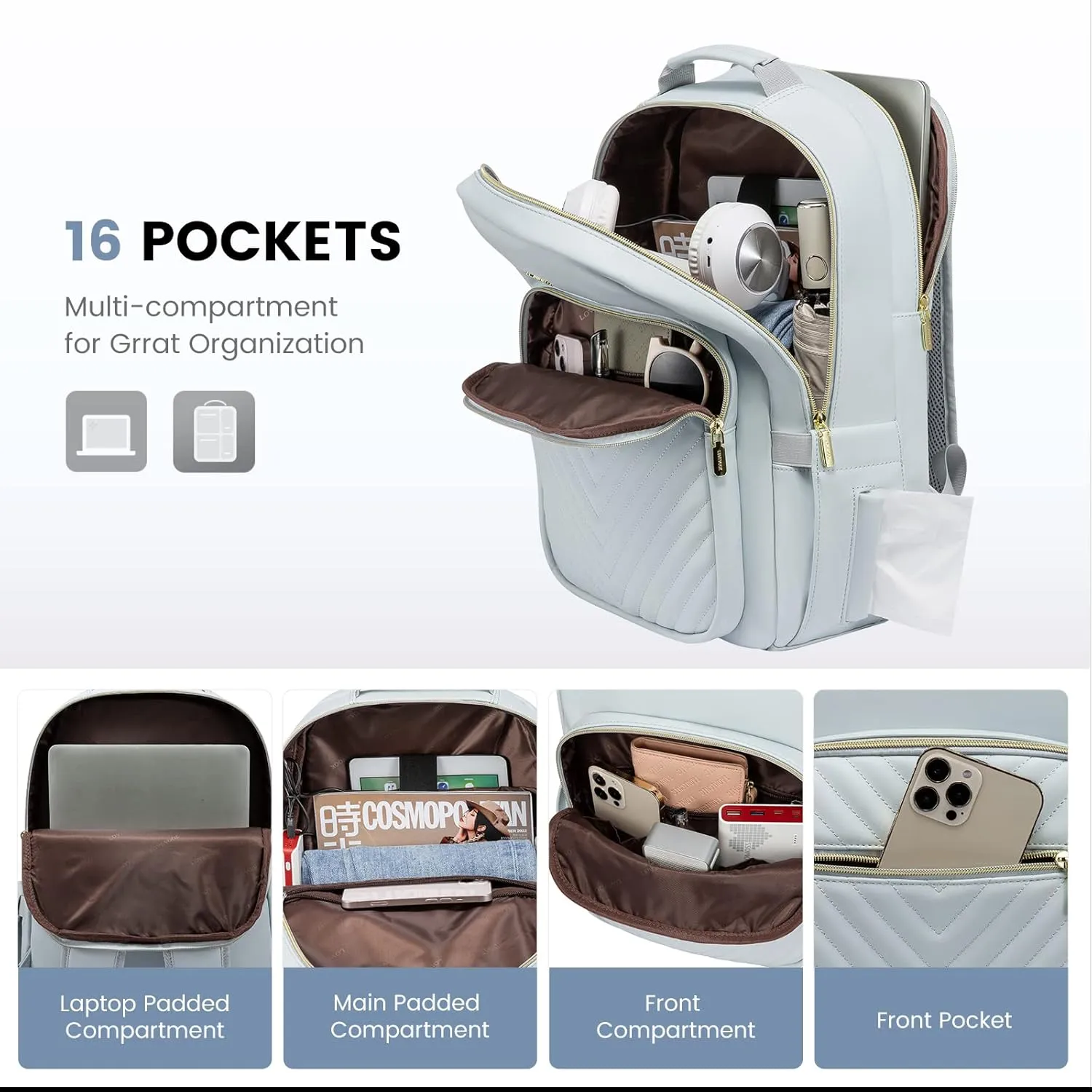 LOVEVOOK Laptop Backpack for Women, Fashion Leather Backpack Purse, Waterproof Travel Backpack Nurse Business Work Professor Bagpack, 15.6 inch Computer Laptop Bag with USB Port, Blue