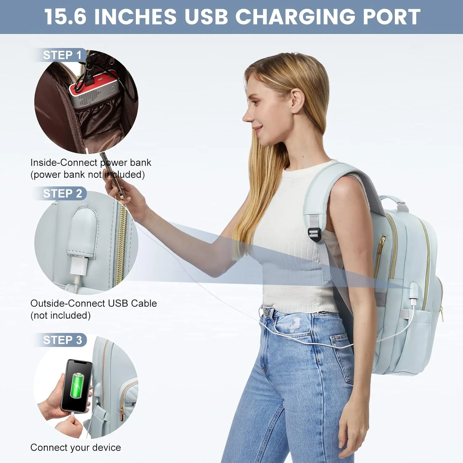 LOVEVOOK Laptop Backpack for Women, Fashion Leather Backpack Purse, Waterproof Travel Backpack Nurse Business Work Professor Bagpack, 15.6 inch Computer Laptop Bag with USB Port, Blue