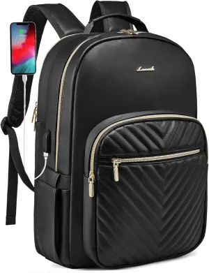 LOVEVOOK Laptop Backpack for Women, Leather Business Work Backpack Purse, Fashion Travel Bag with USB Charging Port, Waterproof Professor Bagpack, 15.6 Inch Weekend Daypack, Black