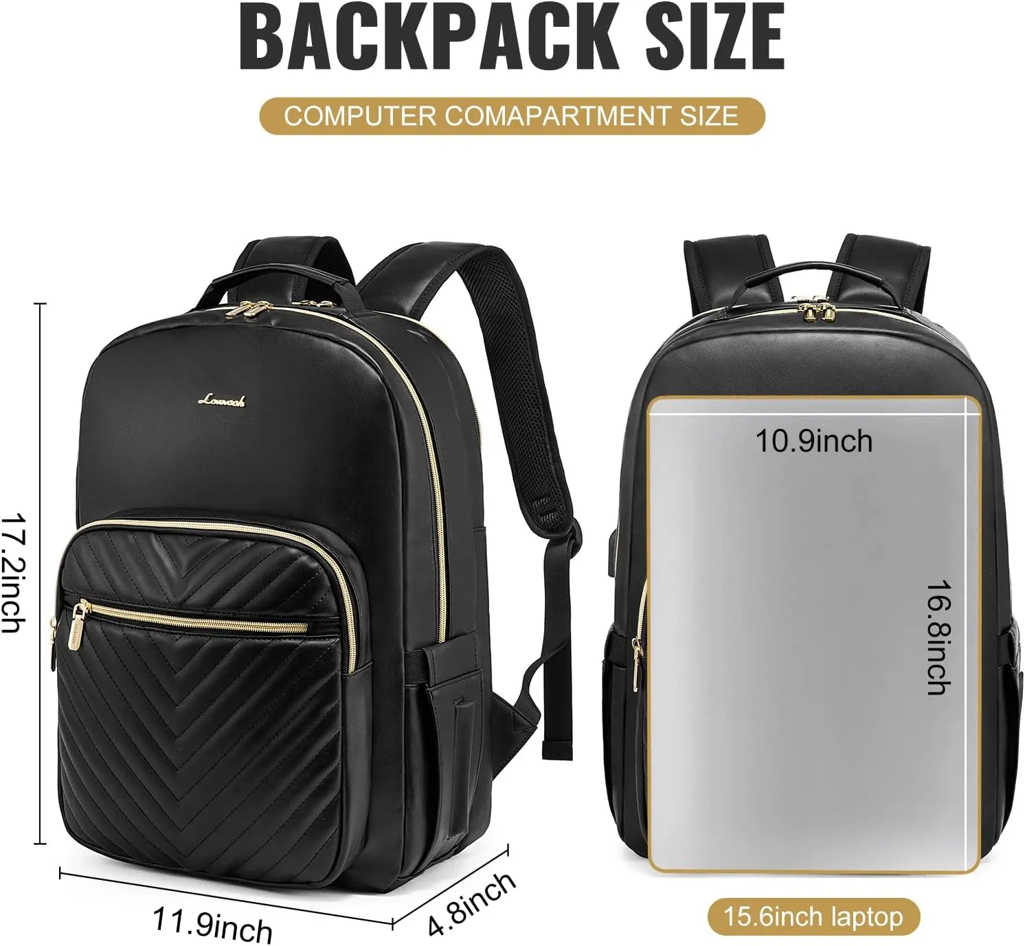 LOVEVOOK Laptop Backpack for Women, Leather Business Work Backpack Purse, Fashion Travel Bag with USB Charging Port, Waterproof Professor Bagpack, 15.6 Inch Weekend Daypack, Black