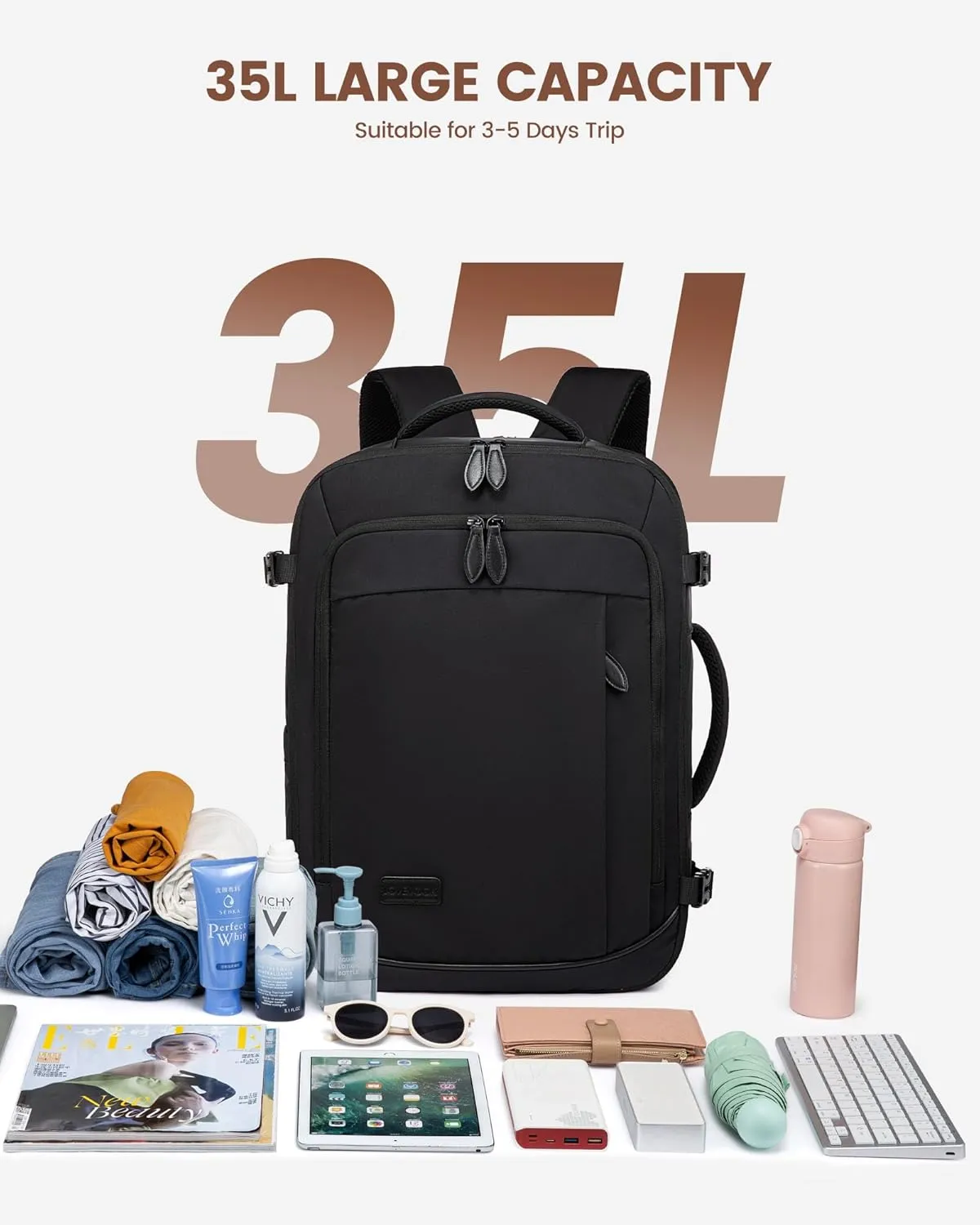 LOVEVOOK Travel Backpack for Men Women, 35L Large Carry On Bag Fits 15.6" Laptop, Flight Approved Personal Item, Waterproof Luggage for Daily Use Weekender Trip Work Business Uni, Black