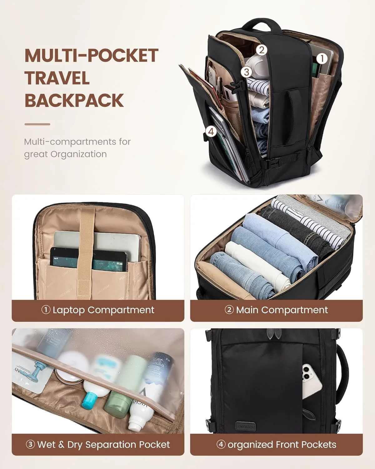 LOVEVOOK Travel Backpack for Men Women, 35L Large Carry On Bag Fits 15.6" Laptop, Flight Approved Personal Item, Waterproof Luggage for Daily Use Weekender Trip Work Business Uni, Black