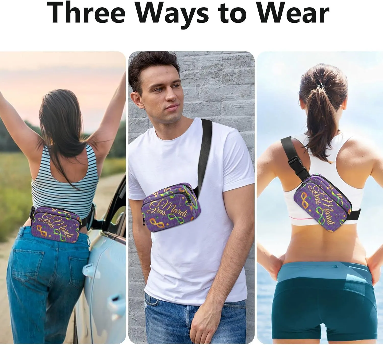 Mardi Gras Fanny Pack for Women Men Crossbody Belt Bag Fashion Waist Packs Purse with Adjustable Strap Travel Chest Bag for Shopping Traveling