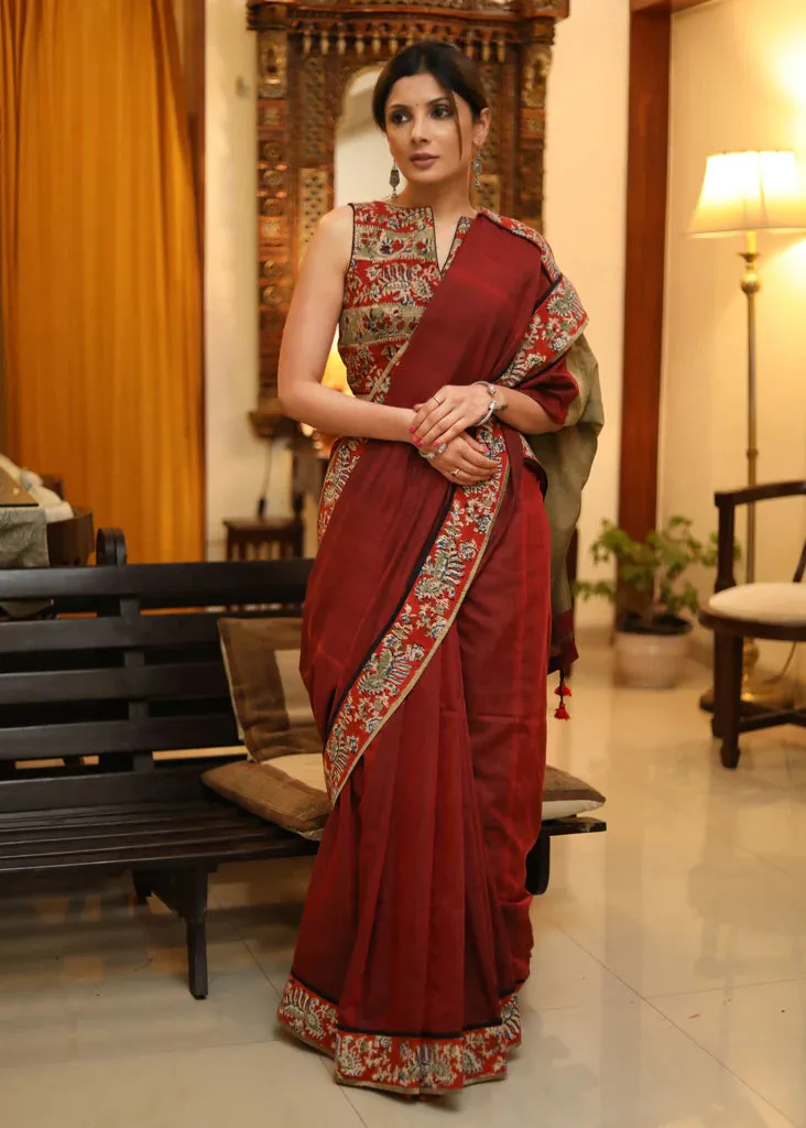 MAROON & CREAM COTTON SAREE WITH KALAMKARI BORDER