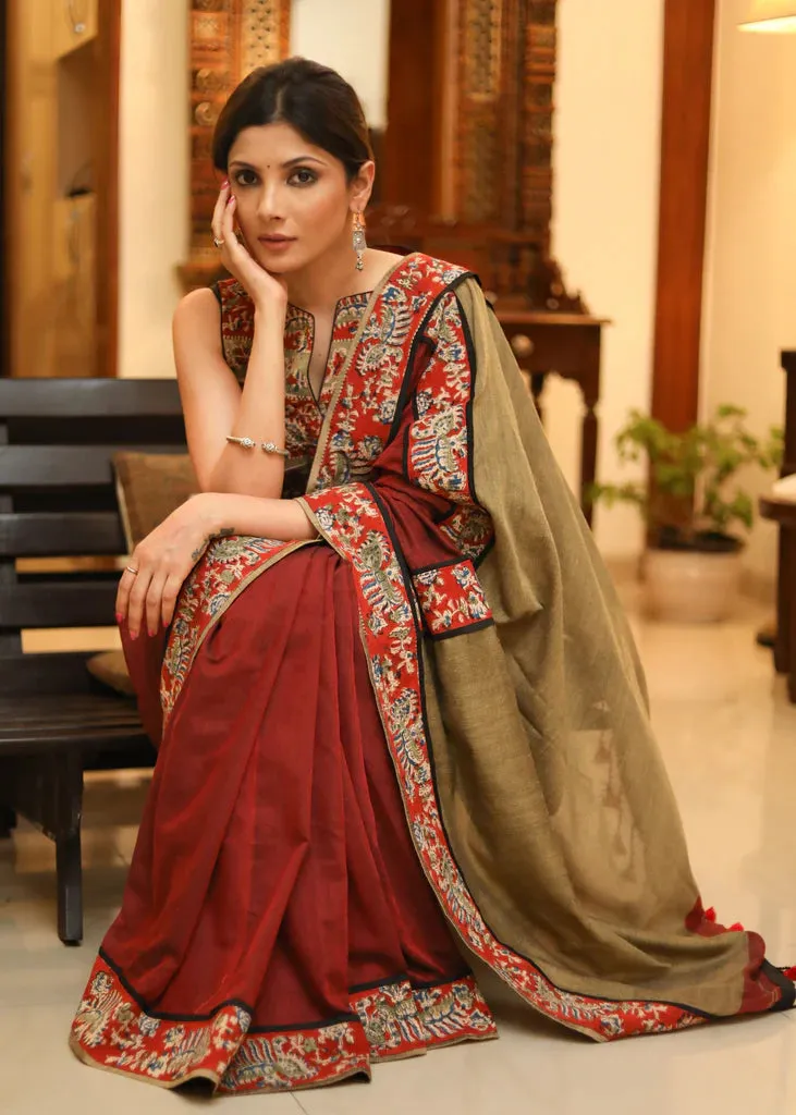 MAROON & CREAM COTTON SAREE WITH KALAMKARI BORDER