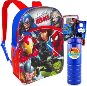 Marvel Avengers Backpack for Kids - Bundle with 16 Inch Avengers Backpack Featuring Iron Man, Captain America, Spiderman and More Plus Water Bottle and Stickers (Superhero Backpacks)