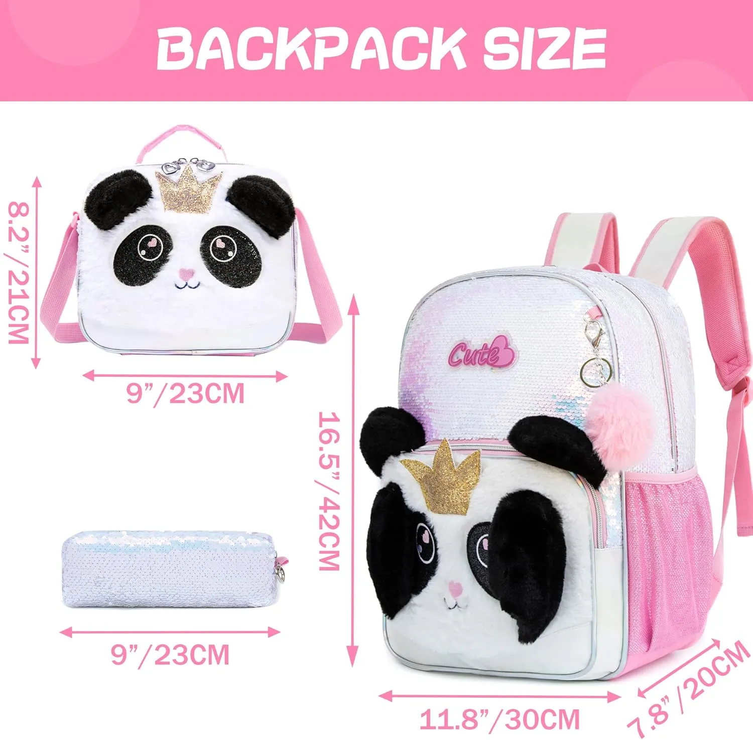 Meetbelify Backpacks for Girls,Kids School Backpacks with Lunch Box for Elementary Preschool Students Cute Panda Sequin Travel Backpack 3 in 1 Bookbag Set for Girls