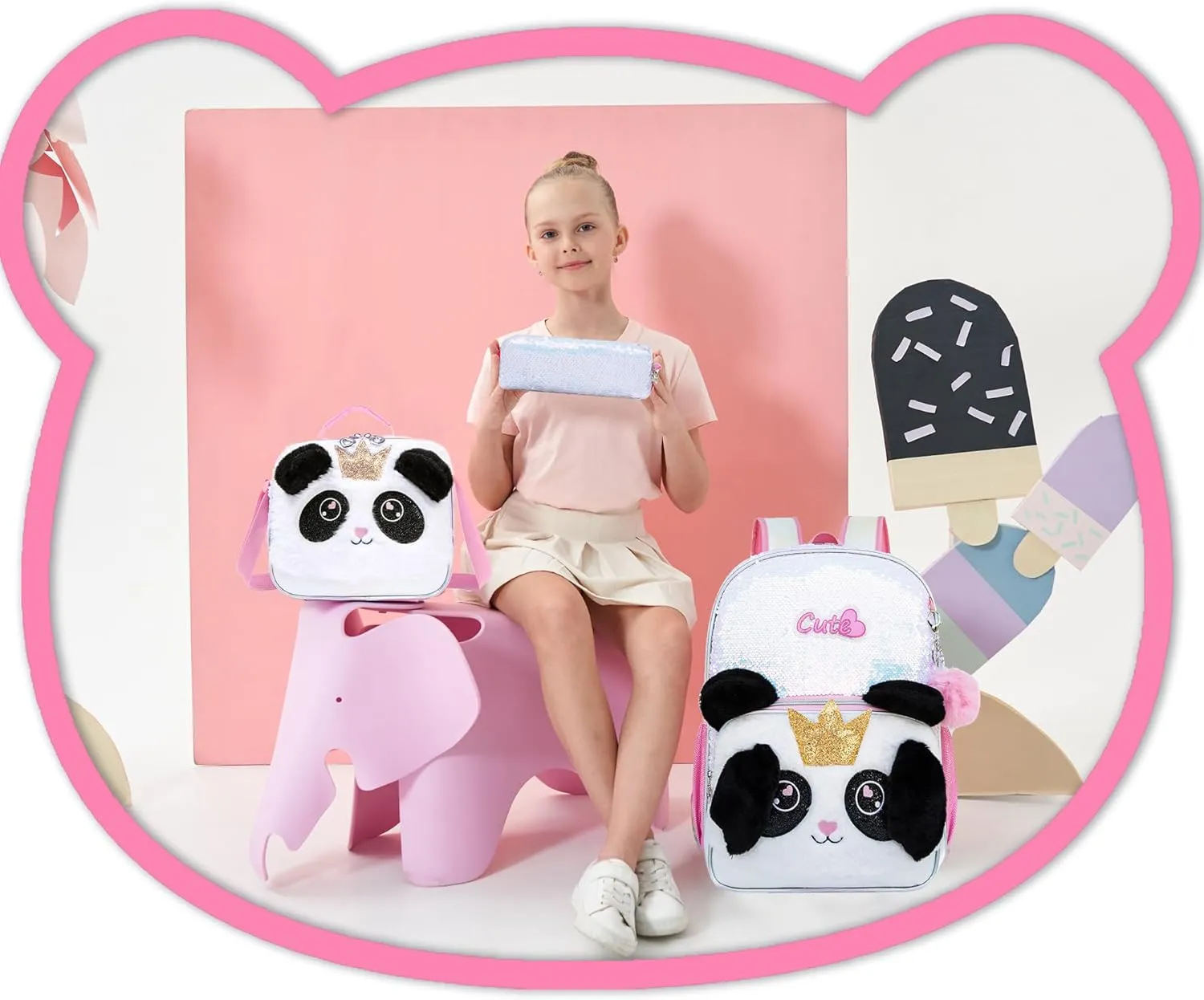 Meetbelify Backpacks for Girls,Kids School Backpacks with Lunch Box for Elementary Preschool Students Cute Panda Sequin Travel Backpack 3 in 1 Bookbag Set for Girls