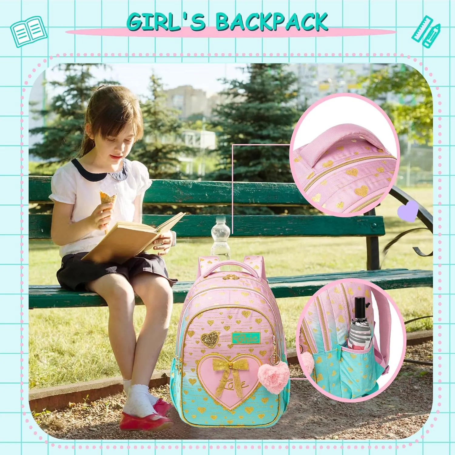 Meetbelify Kids Backpacks for Girls Backpacks for School Kids Canvas Travel Laptop Backpack with Lunch Box for Elementary Students Girls Back to School Bookbag Ages 8-10