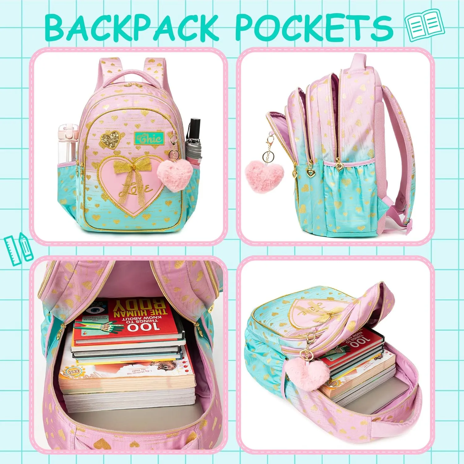 Meetbelify Kids Backpacks for Girls Backpacks for School Kids Canvas Travel Laptop Backpack with Lunch Box for Elementary Students Girls Back to School Bookbag Ages 8-10