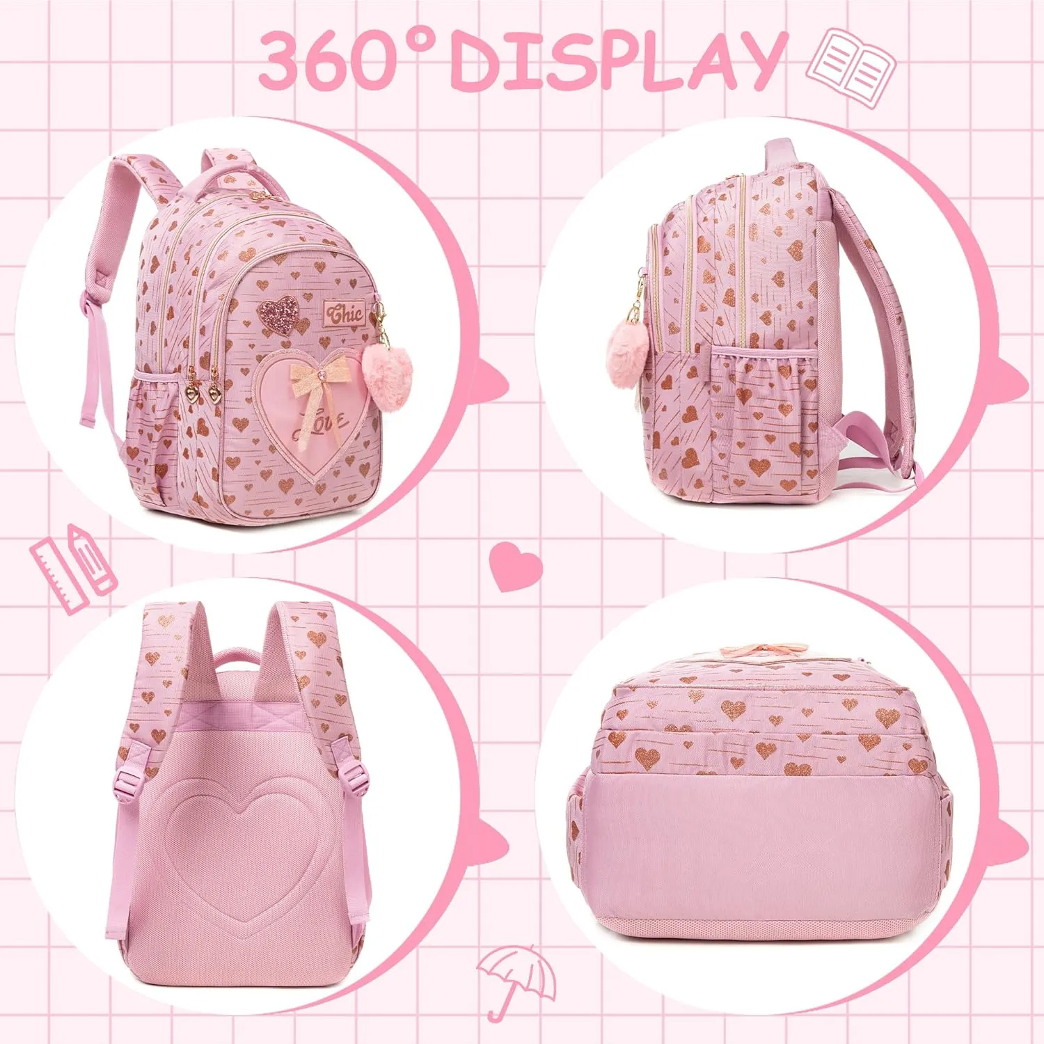 Meetbelify Kids Backpacks for Girls Backpacks for School Kids Canvas Travel Laptop Backpack with Lunch Box for Elementary Students Girls Back to School Bookbag Ages 8-10