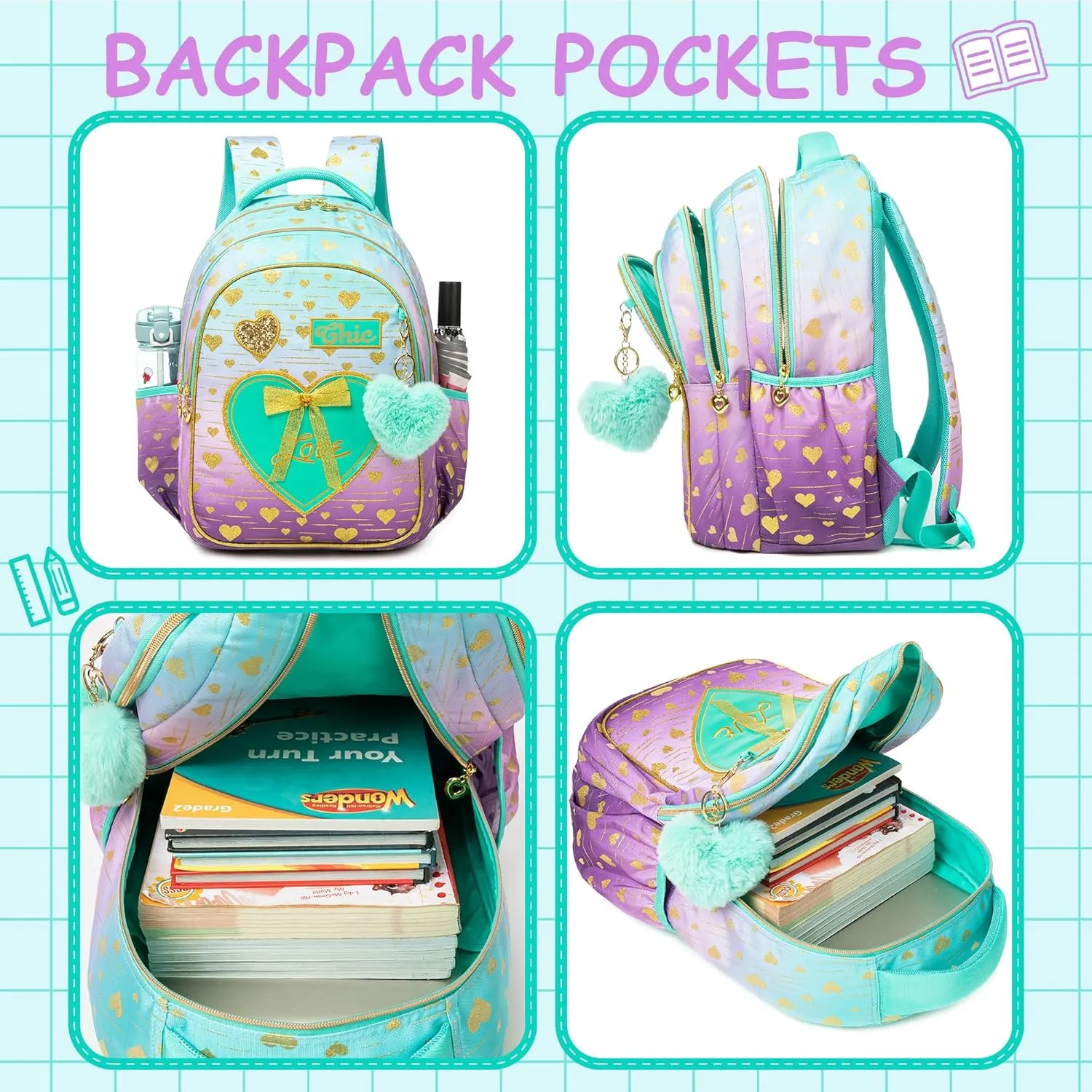 Meetbelify Kids Backpacks for Girls Backpacks for School Kids Canvas Travel Laptop Backpack with Lunch Box for Elementary Students Girls Back to School Bookbag Ages 8-10